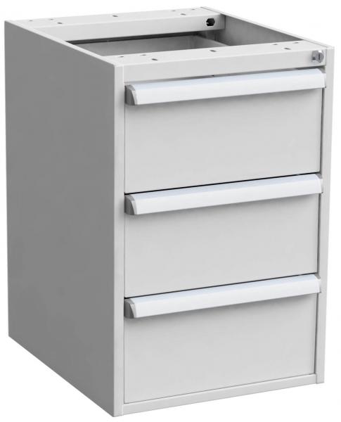 The image shows a white cabinet with three drawers. Each drawer has a narrow, shiny handle. The cabinet is angular and has an open top without a cover.