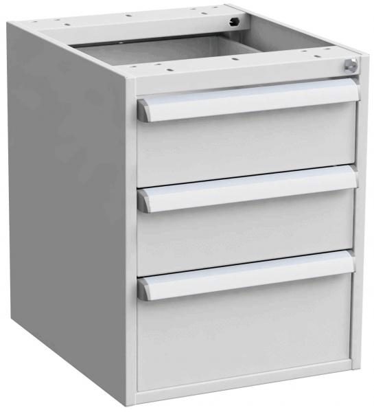The image shows a white, compact drawer cabinet with three drawers. The drawers have smooth, silver handles and the top compartment is open, ready for a surface.