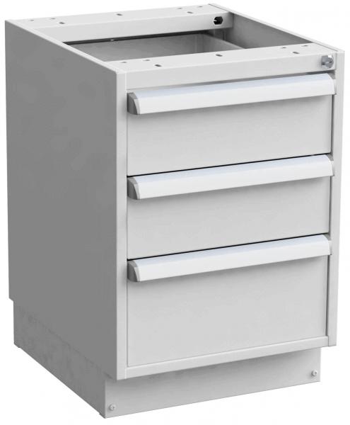 This is a white kitchen or office cabinet with three drawers. The drawers feature flat, handle-free fronts and are designed to open easily.