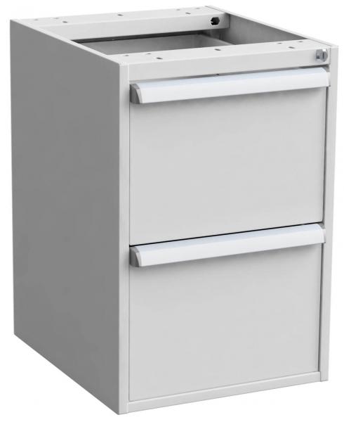 The image shows a simple, white filing cabinet with two drawers. The drawers are equipped with silver handles and the cabinet has an open top.