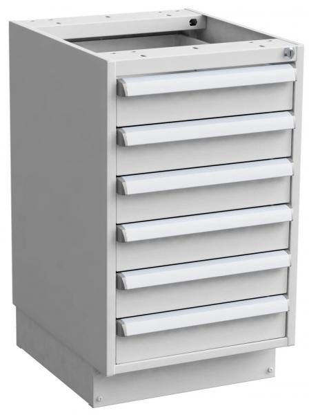 The image shows a gray cabinet with seven drawers. The drawers have clear, flat handles. The top of the cabinet is open and has no lid.