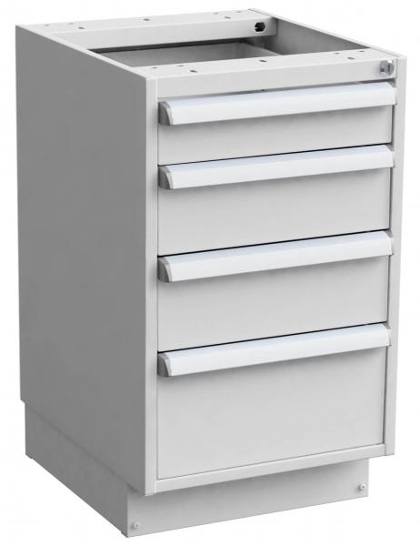 The image shows a white drawer cabinet with four horizontal drawers. It has a clear, rectangular shape and is mounted on a sturdy base. The top is missing a surface.