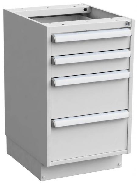 Das Bild zeigt einen schlichten, weißen Schrank mit vier Schubladen. Er hat eine offene Oberseite und wird oft in Büros oder Werkstätten verwendet. Die Schubladen haben Metallgriffe.