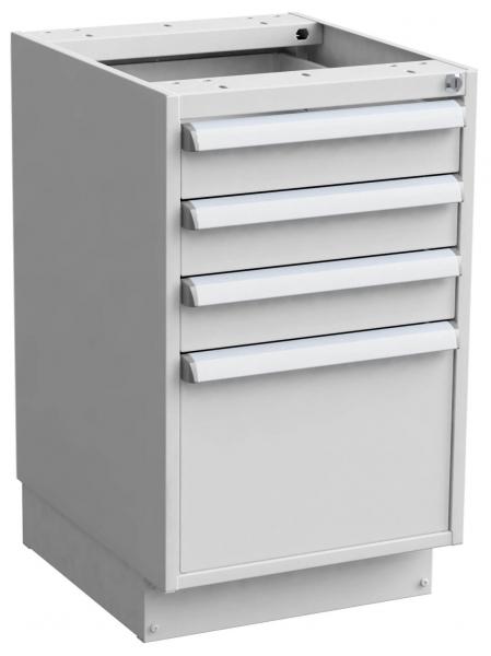 Das Bild zeigt einen grauen, schlichten Schrank mit vier Schubladen in der Mitte und einer Tür unten. Die Oberseite ist offen und hat eine vorgebohrte Öffnung.