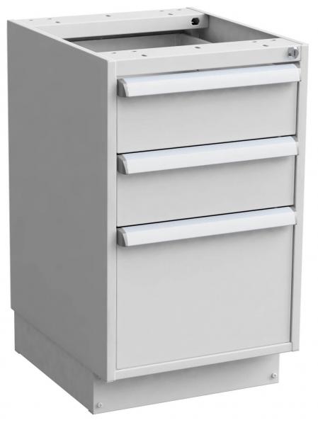 The image shows a white cabinet with three drawers and one door. It has a smooth surface and metal handles. The cabinet is sturdy and stands on a stable base.