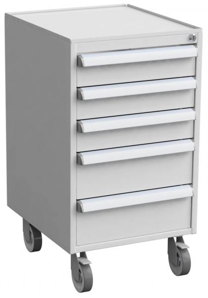 The image shows a white rolling cabinet with five drawers. It has a flat surface and is mounted on four casters, which allow for easy movement.