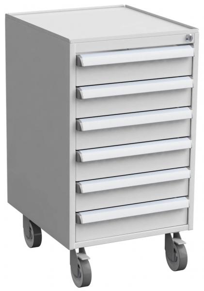 Das Bild zeigt einen kompakten, weißen Rollcontainer mit einer glatten Oberfläche und sieben Schubladen. Er steht auf vier Rollen und ist vielseitig einsetzbar.