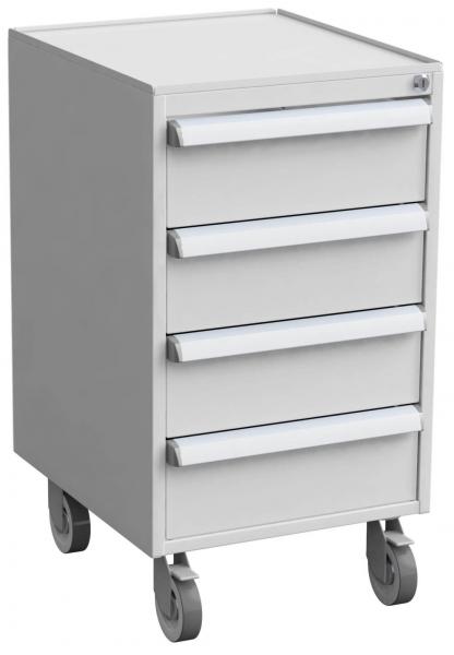 A gray rolling cart with four drawers. It has a smooth surface and is mounted on two sturdy wheels, allowing for easy movement.