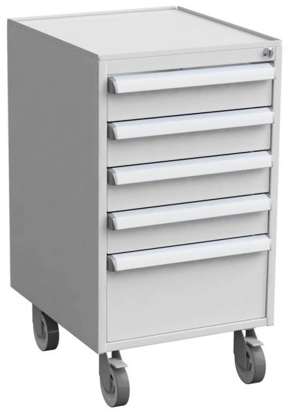 The image shows a white rolling cabinet with five drawers and a smooth top. It has easy-glide casters at the bottom, enabling mobility.