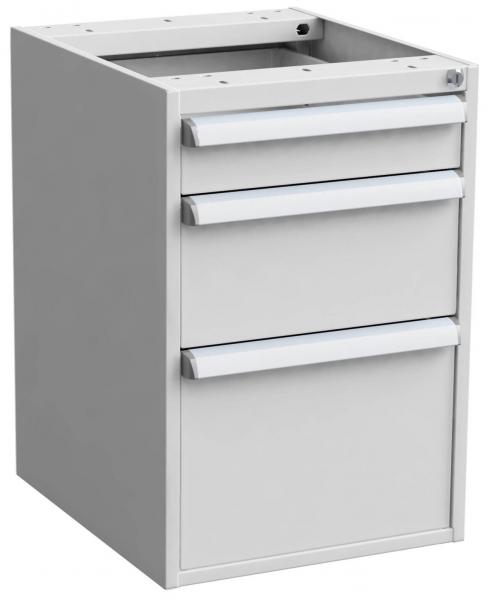 Das Bild zeigt einen weißen Schreibtischcontainer mit vier Fächern. Drei Schubladen sind oberhalb angeordnet, während eine große Schublade unten ist. Die Griffe sind flach und aus Metall.