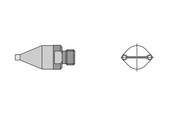 The image displays a technical drawing of an object from two perspectives: from the side with a conical shape and from above in an oval shape. It is rendered in neutral gray tones.