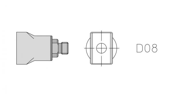The image displays a technical drawing of a component in two views: from the side and from above. It shows a rectangular body with a continuous opening. Next to it is "D08".
