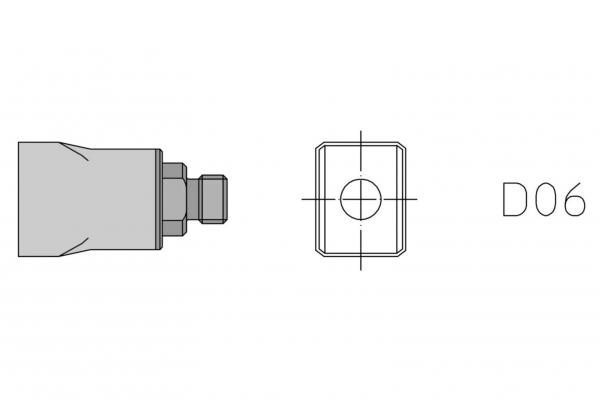 Das Bild zeigt eine technische Zeichnung eines Objekts. Links ist eine seitliche Ansicht mit einem schmalen, rechteckigen Körper und einer Gewindeöse. Rechts sieht man die Draufsicht, die quadratisch ist, mit einem zentralen Loch. Rechts neben dem Objekt steht die Bezeichnung "D06".