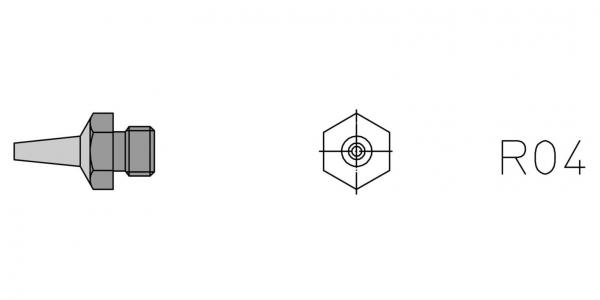 Das Bild zeigt eine technische Zeichnung eines Bauteils. Links ist ein spitz zulaufendes Element mit einem hexagonalen Kopf. Rechts steht die Bezeichnung "R04".