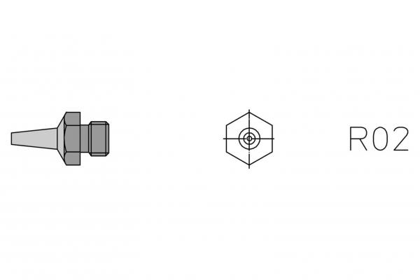 Das Bild zeigt eine technische Zeichnung eines Bauteils, das wie ein konischer Schraubenzapfen aussieht. Außerdem ist eine hexagonale Ansicht mit der Beschriftung "R02" dargestellt.