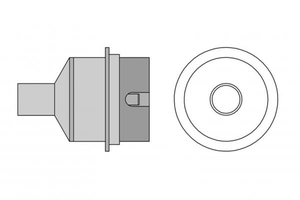 The image shows a technical drawing of a cylindrical object with a rounded top and a flat base. It has a lateral extension and a central opening.
