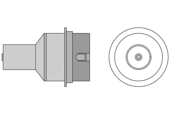 The image displays a technical component in two views: a side view with a rectangular end and a top view showing the round shape of the component.