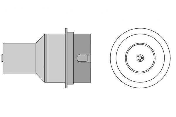 The image shows a technical drawing of a cylindrical object with a wide base and a round top. On the side, there is a small handle or a recess.