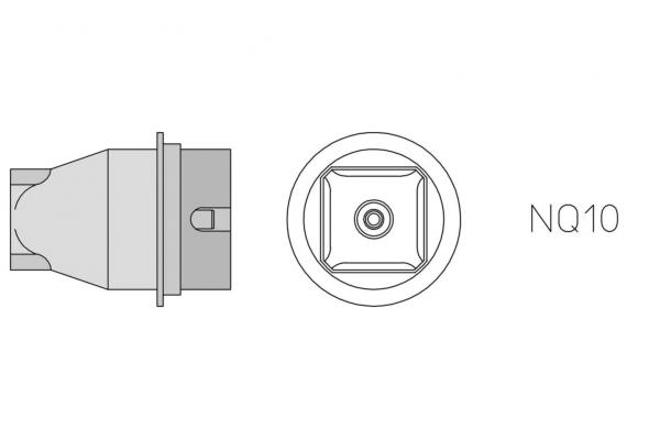 The image displays a technical drawing of an object, likely a tool or machine component, with side and top views. On the right it states "NQ10".