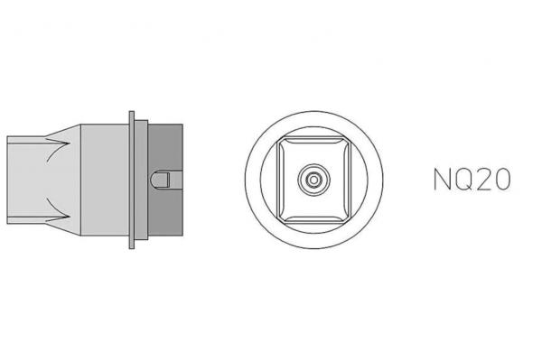 Das Bild zeigt ein technisches Bauteil, von der Seite und von oben. Es hat eine zylindrische Form mit einer quadratischen Öffnung. Neben dem Bauteil steht die Bezeichnung "NQ20".