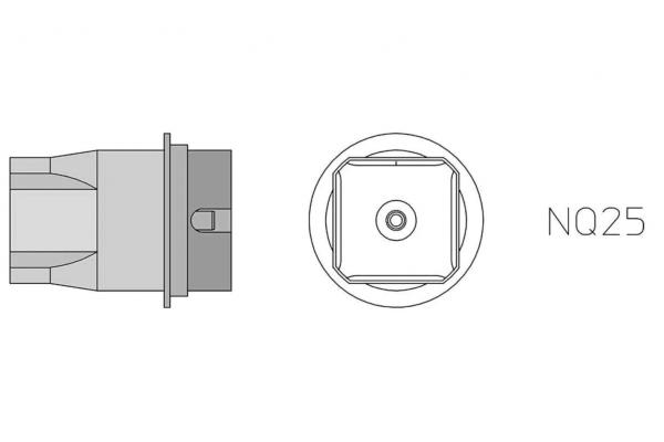 Das Bild zeigt eine technische Zeichnung eines Bauteils. Es ist von der Seite und von oben sichtbar. Das Bauteil hat eine quadratische Öffnung in der Mitte und die Bezeichnung "N025" daneben.