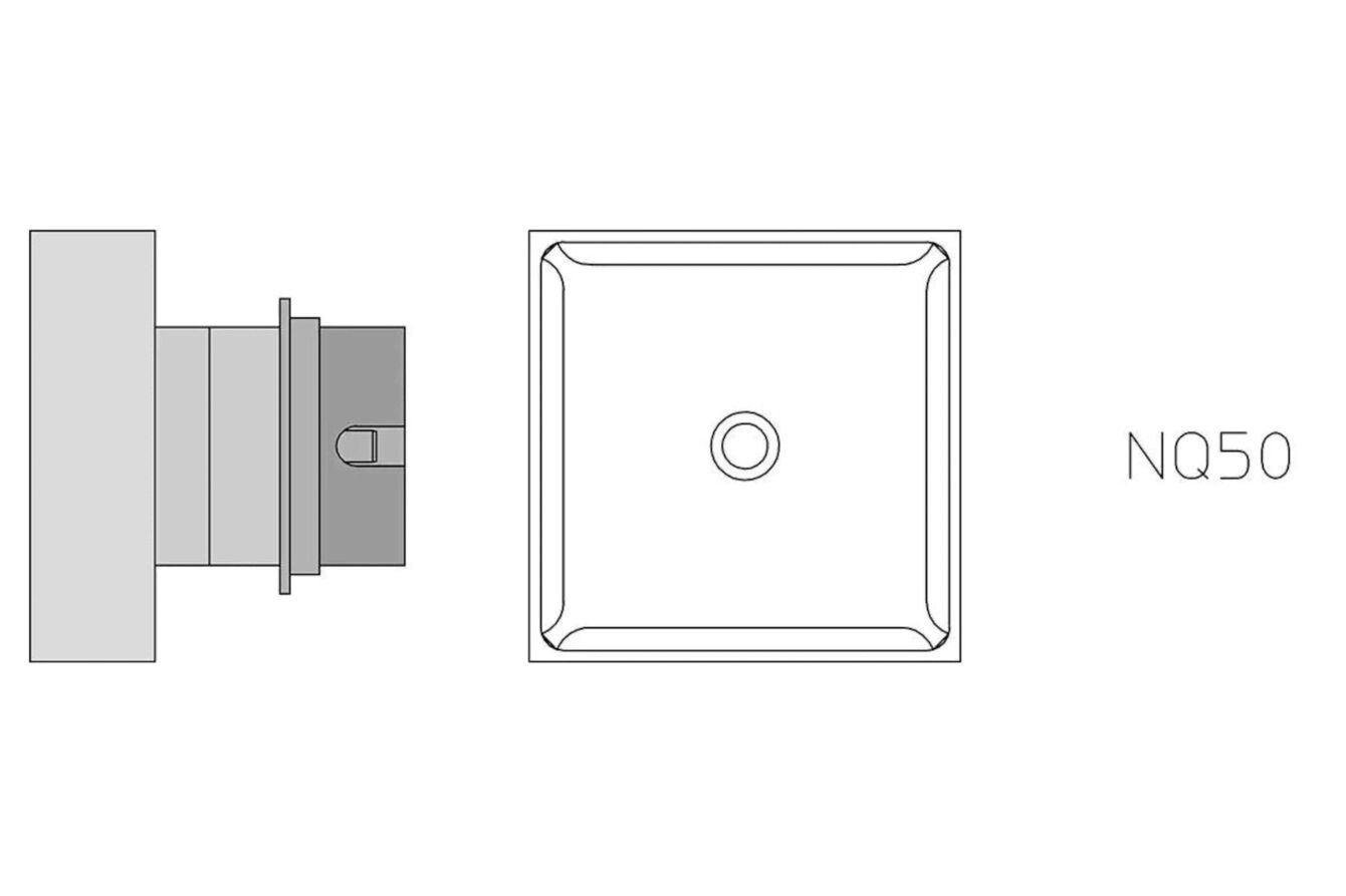 The image displays a technical drawing of a square object with a central opening. There is a side view and a label "N050". The lines are simple and clear.