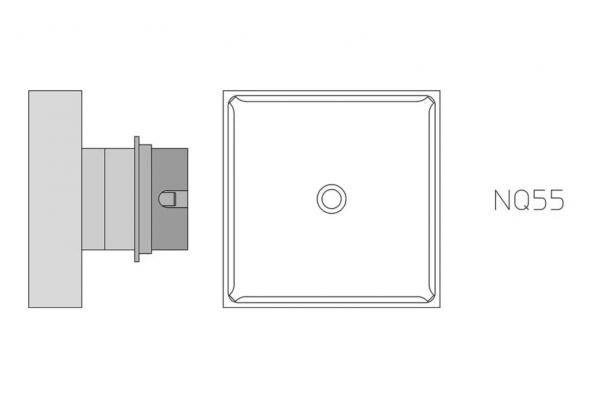 The image shows a technical drawing of a square object with a round center. It has a flat surface and an apparently round attachment part on the side.