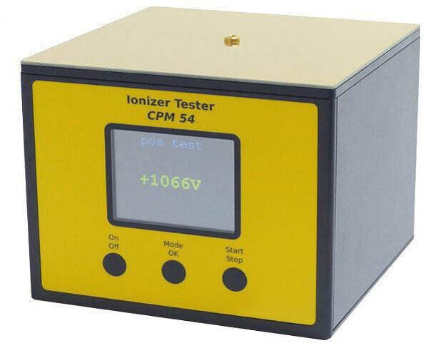 The image shows a square, black ionizer tester with a yellow top. In the center, there is a screen, and below are buttons for "On/Off", "Mode", "Start", and "Stop".