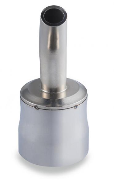 The image displays a metallic shiny pipe with a wide, round base and a narrow, upright outlet. It has a smooth surface without any noticeable decorations.