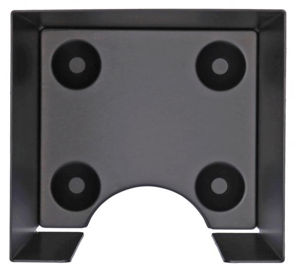 Das Bild zeigt eine schwarze, quadratische Platte mit abgerundeten Ecken. In den Ecken befinden sich vier runde Vertiefungen. Unten ist eine Aussparung in Form eines Bogens.
