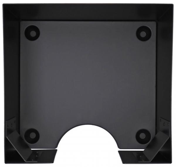 The image shows a square, flat, black plate with rounded corners and four holes in the corners. There is a semicircular indentation at the bottom.