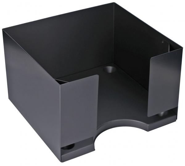 The image depicts a square, open container in matte black. It has two side walls and a round cutout at the front, which allows easy access.