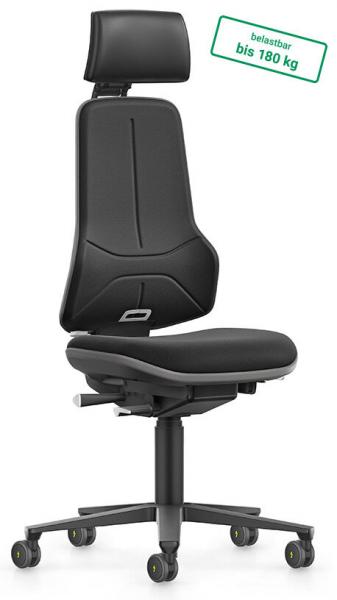 The office chair features a black, ergonomic cushioning with a high backrest and a headrest. It stands on five movable casters and can support up to 180 kg.