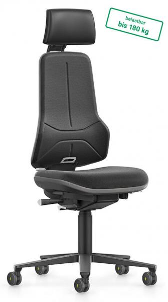The office chair has a high, ergonomic backrest and a padded seat. It is black and mounted on a rolling base with five casters. Suitable for up to 180 kg.