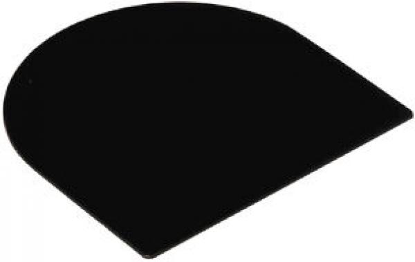 Das Bild zeigt eine schwarze, halbrunde Platte. Die obere Kante ist abgerundet, während die unteren Kanten gerade sind. Die Oberfläche ist glatt und glänzend.