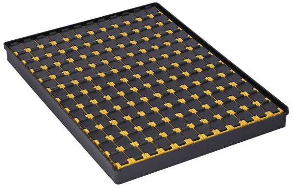 Das Bild zeigt eine schwarze Fläche mit einem Muster aus zahlreichen kleinen, quadratischen Fächern. Jedes Fach hat eine gelbe Umrandung und ist gleichmäßig angeordnet.