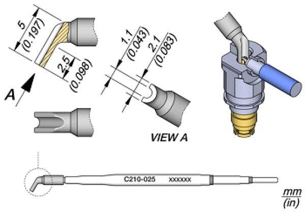 Das Bild zeigt technische Zeichnungen eines Bauteils mit verschiedenen Ansichten und Maßen, einschließlich eines Schlauchanschlusses und einer detaillierten Ansicht des Designs.
