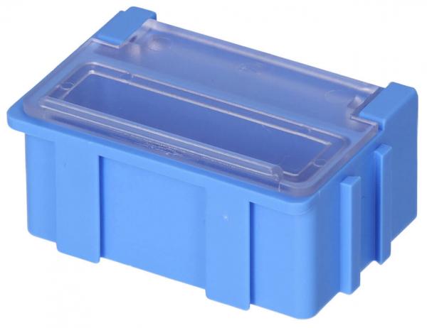 Das Bild zeigt eine kleine rechteckige Box in leuchtendem Blau. Sie hat einen transparenten Deckel und ist an den Seiten leicht eingekerbt. Die Box wirkt stabil und praktisch.