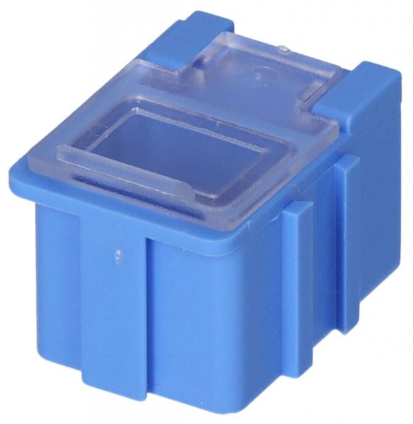 Das Bild zeigt einen kleinen, rechteckigen Behälter in leuchtendem Blau mit einer transparenten Klappe oben. Der Behälter hat abgerundete Ecken und seitliche Rillen.