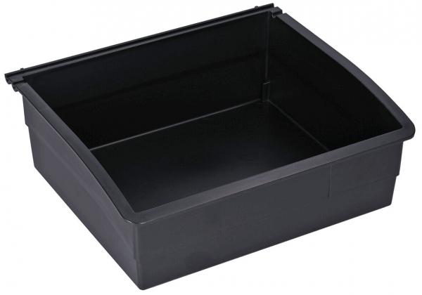 The image shows a rectangular, black plastic box with open sides and a slightly slanted top edge. The box has no lid and is empty inside. It is used for storage.