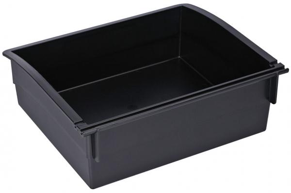The image shows a rectangular, flat plastic box in black. It has high sides and a rounded top edge. The inside is also black and smooth.