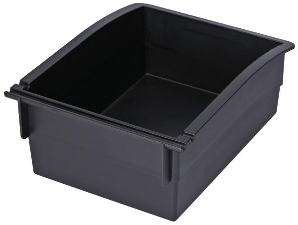 The image shows a rectangular container made of black plastic. It has a slightly curved upper edge and is smooth on the inside. It is flat and open, without a lid.