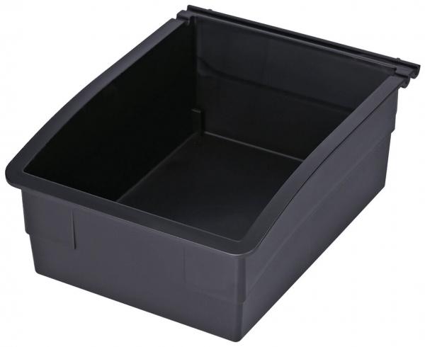 It is a black, rectangular plastic box with a slanted opening on the front. The walls are high, and the floor is flat, ideal for storing items.