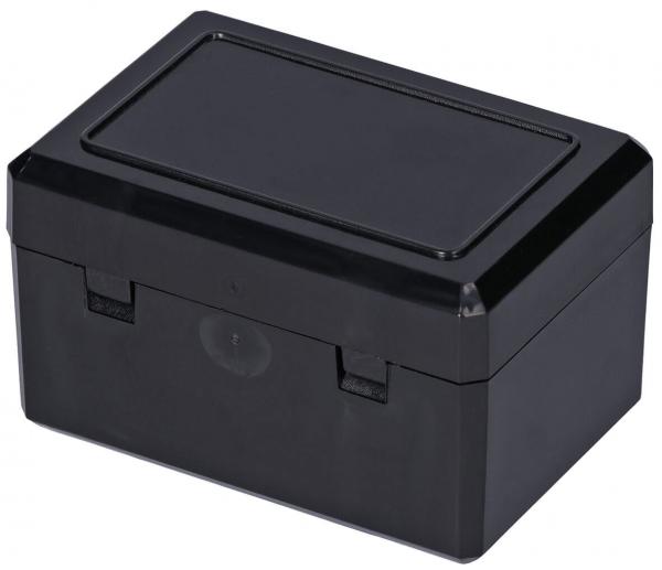 Die Abbildung zeigt eine rechteckige, schwarze Kunststoffbox mit einem glatten Deckel. Sie hat seitliche Verschlüsse und eine schlichte, moderne Form. Sie wirkt stabil und funktional.
