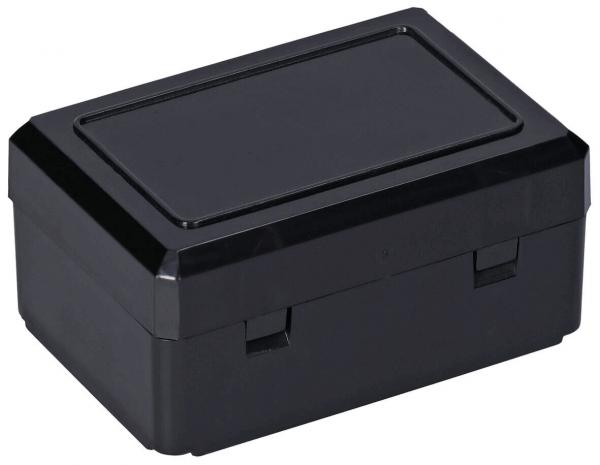 Das Bild zeigt eine rechteckige, schwarze Aufbewahrungsbox mit einem flachen Deckel. Die Box hat zwei verschließbare Klappen an den Seiten und eine glatte Oberfläche. Sie ist kompakt und praktisch.