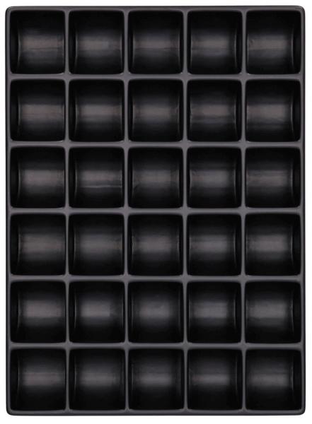 Das Bild zeigt ein schwarzes Tablett mit 36 gleichmäßig angeordneten, quadratischen Fächern. Jedes Fach ist leer und hat abgerundete Ecken. Die Anordnung ist in sechs Zeilen und sechs Spalten.