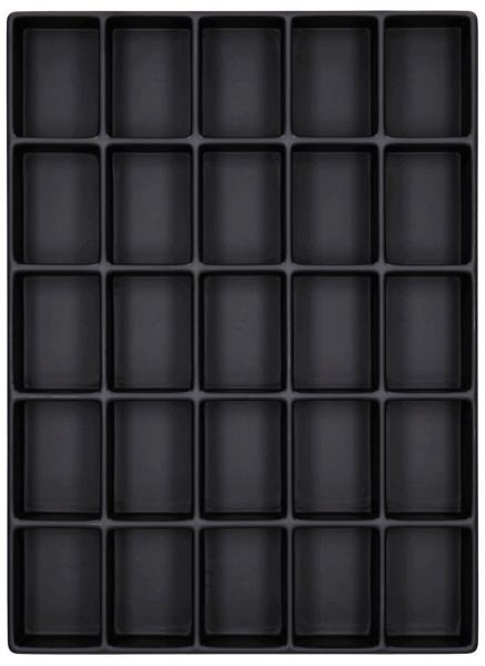 The image displays a black tray with 30 rectangular indentations, arranged in 6 rows and 5 columns. It has a smooth surface and is made from flexible material.