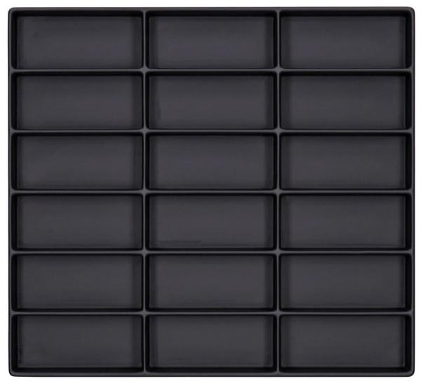 Das Bild zeigt eine quadratische Anordnung von 20 flachen, rechteckigen Fächern auf einer schwarzen Fläche. Die Fächer sind gleichmäßig verteilt und bieten einen organisierten, minimalistischen Eindruck.