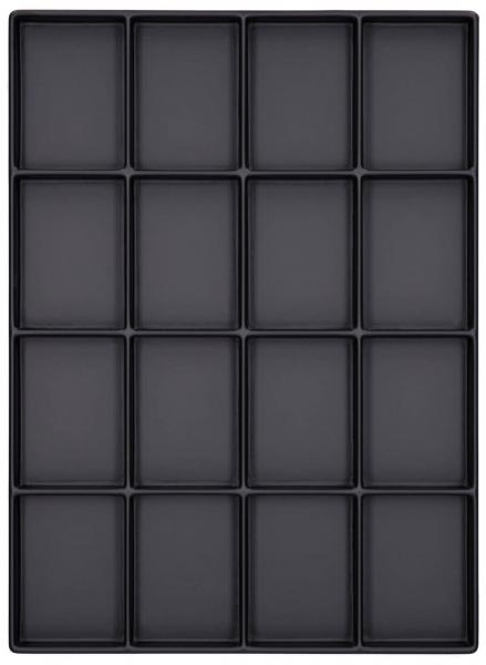 Das Bild zeigt ein flaches, rechteckiges Tablett mit insgesamt 16 gleich großen, rechteckigen Fächern. Die Fächer sind dunkel schwarz und gleichmäßig angeordnet.