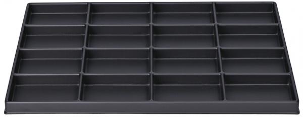 Es handelt sich um eine flache, rechteckige schwarze Ablage mit 24 gleichmäßigen Fächern. Die Fächer sind geräumig und dienen zur Aufbewahrung von kleinen Gegenständen.